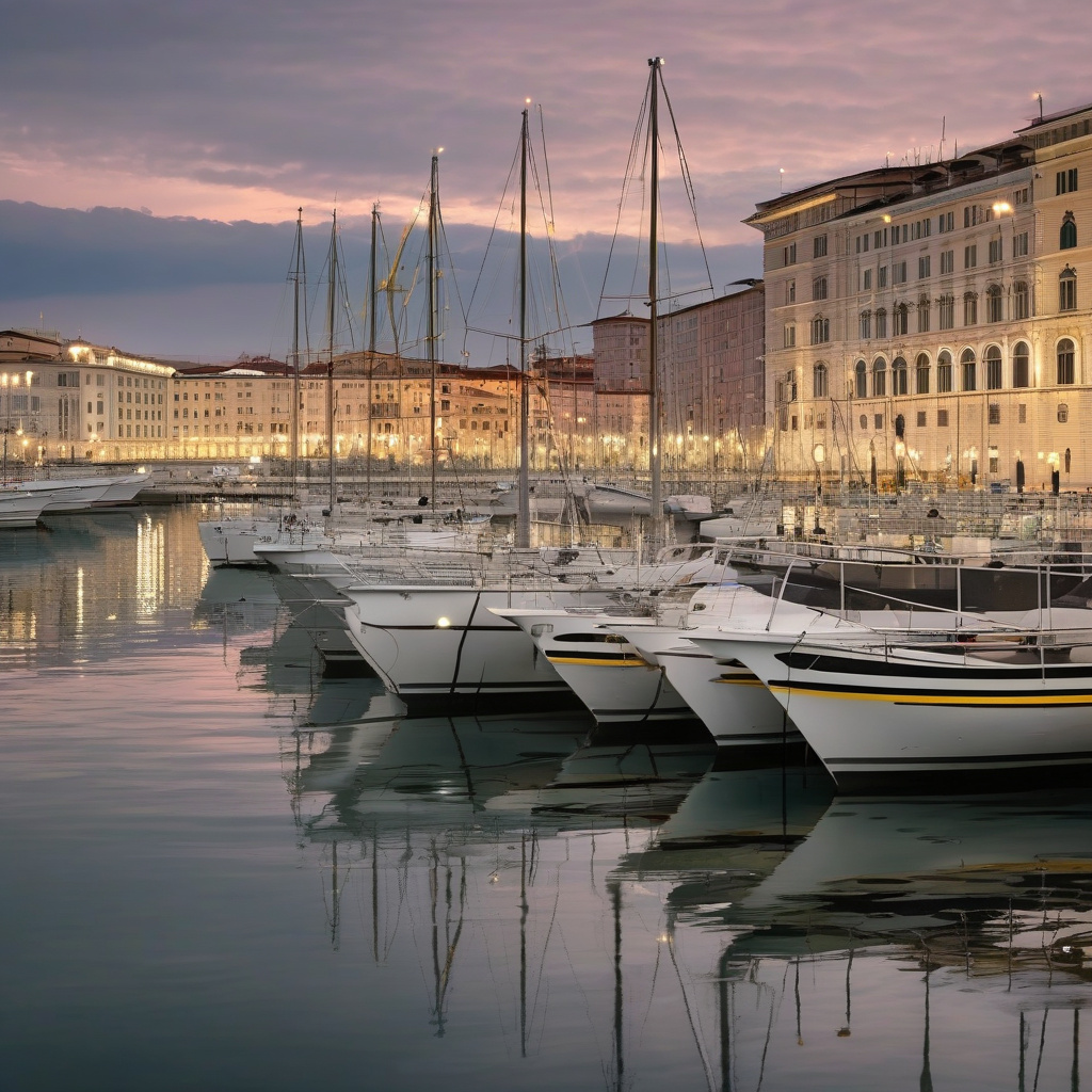 Зимова набережна Трієста у святкових вогнях та з людьми серед історичних фасадів Прогулянка по різдвяній набережній Трієста: люди, світло, історична архітектура та море