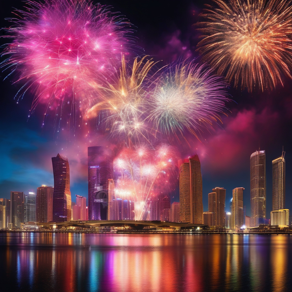 Новорічні феєрверки, Сідней, Австралія — панорама з оперою та гавань в вогнях. Феєрверки над Сіднейською оперою на Новий рік