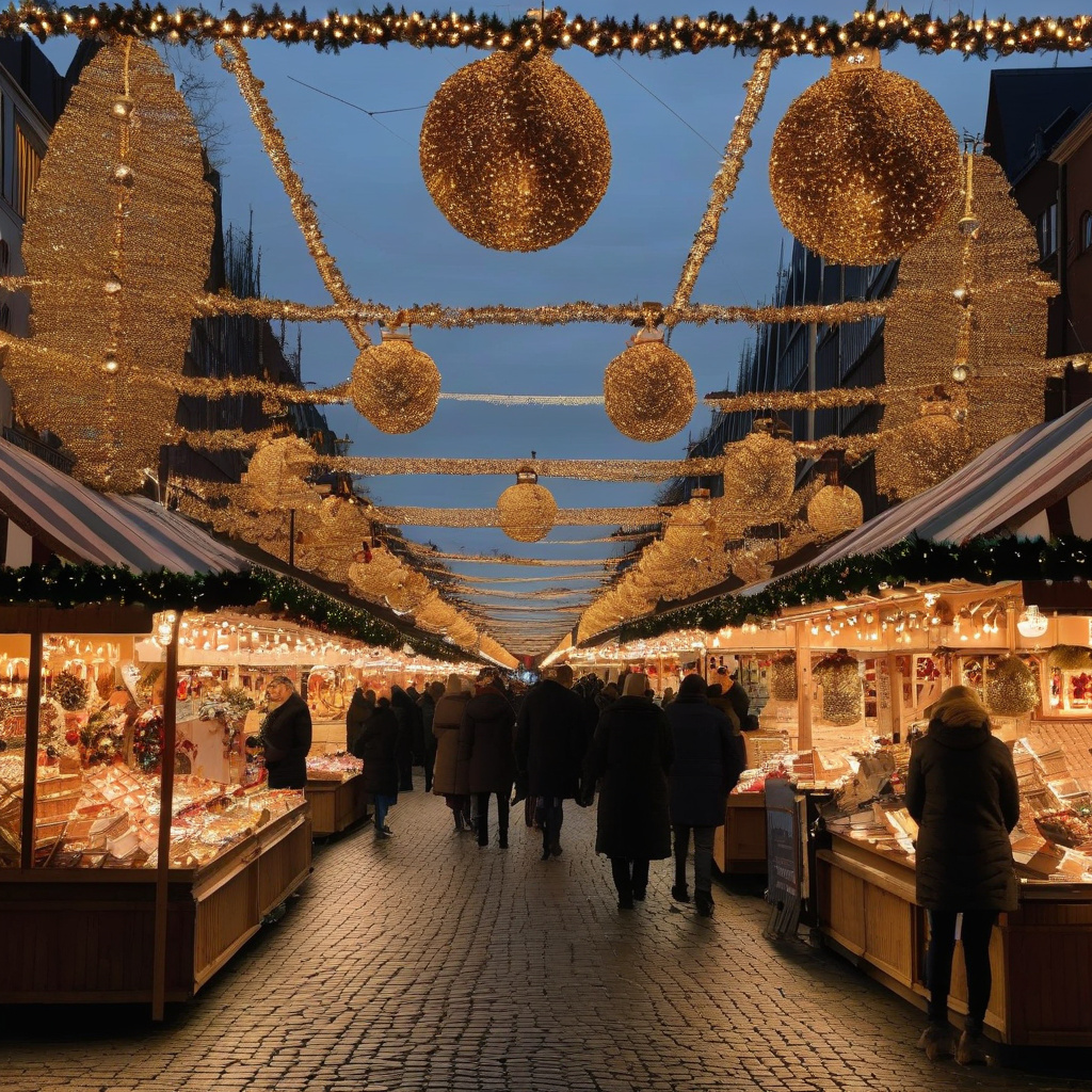 Різдвяний ярмарок Дюссельдорфа ілюмінація будиночків та святкові сувеніри