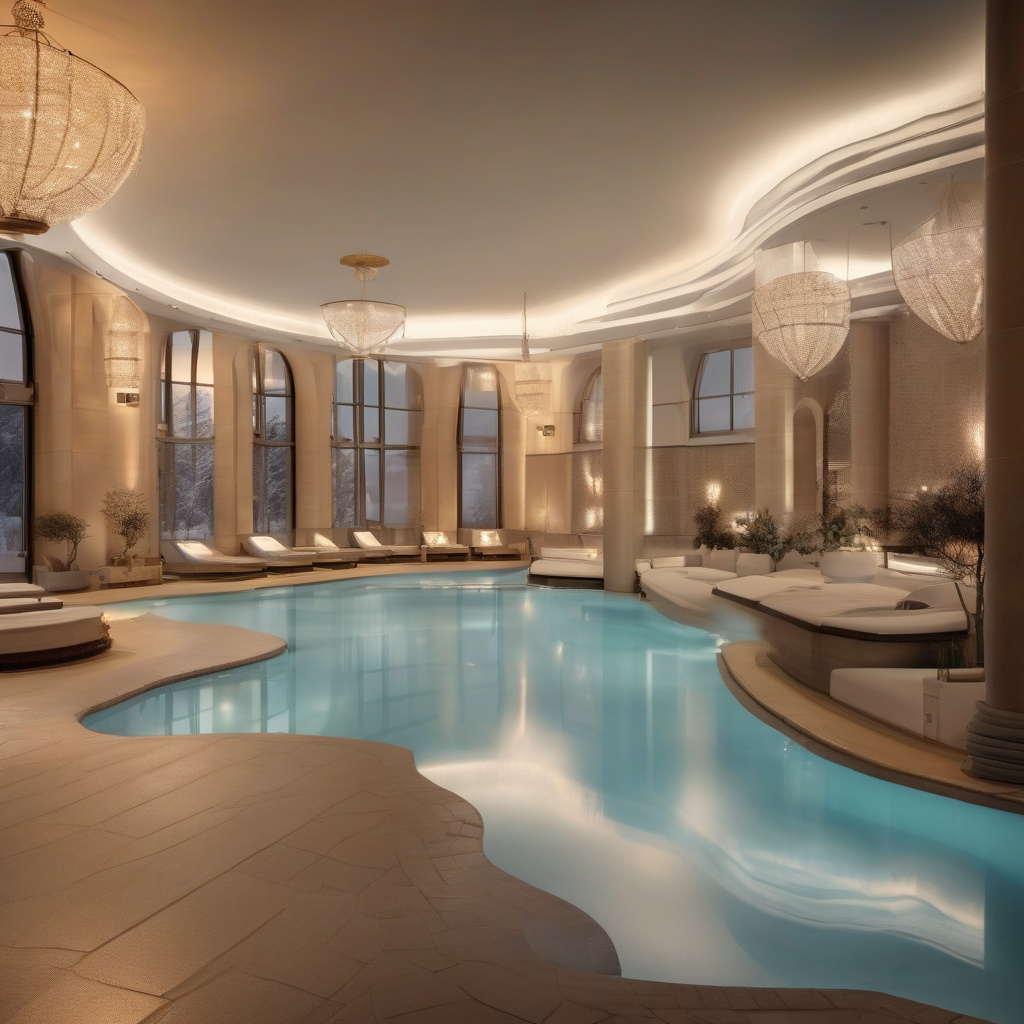 Спа-комплекс у зимових Альпах: краєвид, басейн, відпочиваючі Термальний спа-комплекс у горах Європи взимку, басейн із краєвидом