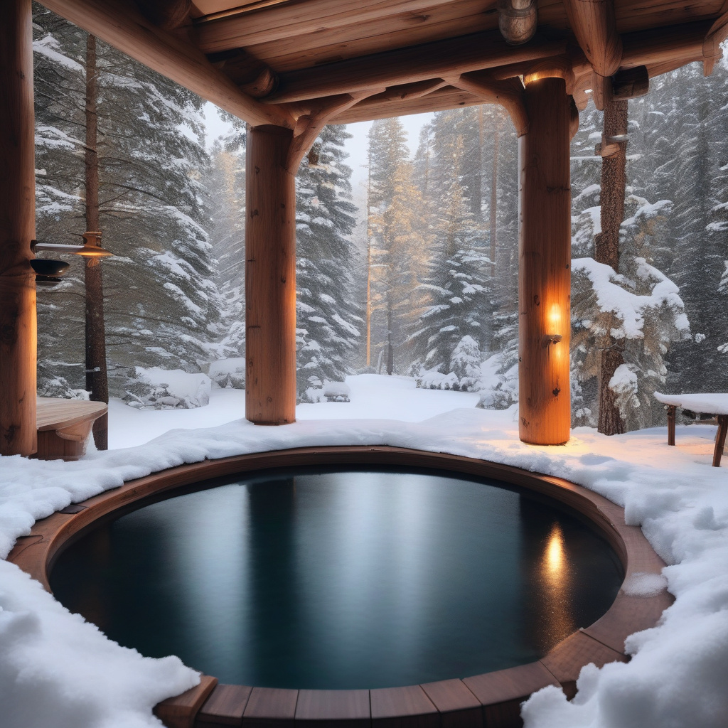 Казкова ніч у європейському спа-комплексі: басейн, засніжений ліс, вечірнє підсвічування Нічний термальний басейн у Європі, спокійна атмосфера та вогники