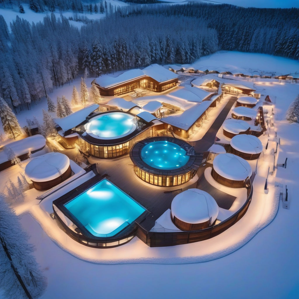 Ранок у топовому європейському зимовому спа: паруючий басейн, світанкові проміні Зимове ранкове купання в термальній воді, Європа