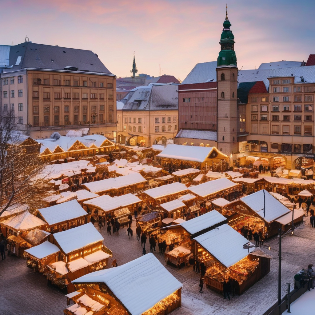 Пльзень на Різдво: ярмарки, вогники, середньовічні вулички Різдвяний ярмарок у центрі Пльзеня, святкове світло, старовинна архітектура