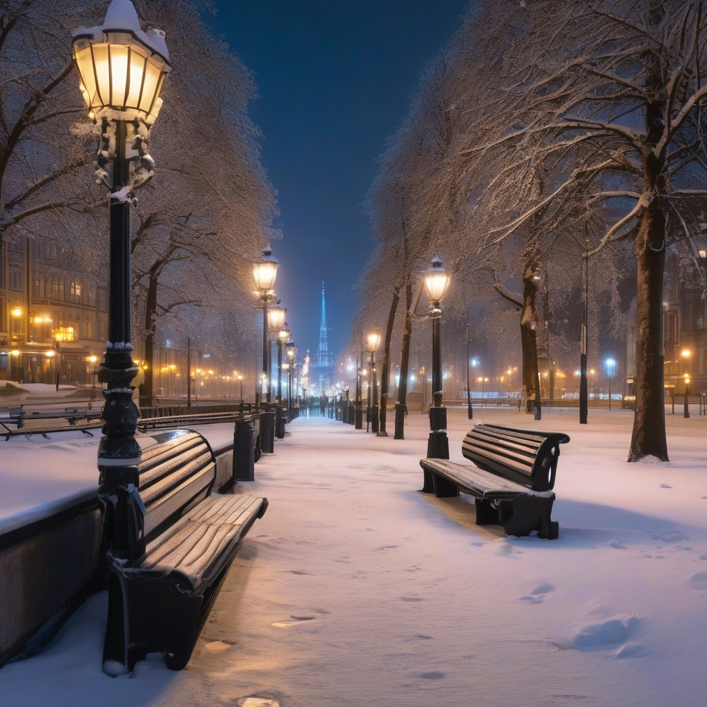Казкова атмосфера зимових набережних: ліхтарі, лавки, сніг Зимова набережна – теплі ліхтарі і сніг на лавках вздовж води