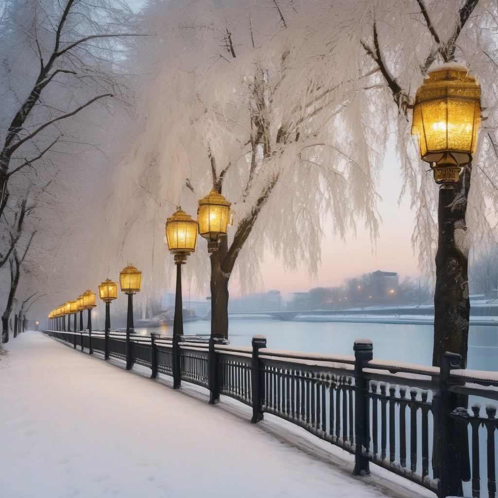Зимова архітектура набережної: велика ріка, світло, місто Гармонія зимової набережної – відкрита вода й архітектурний антураж