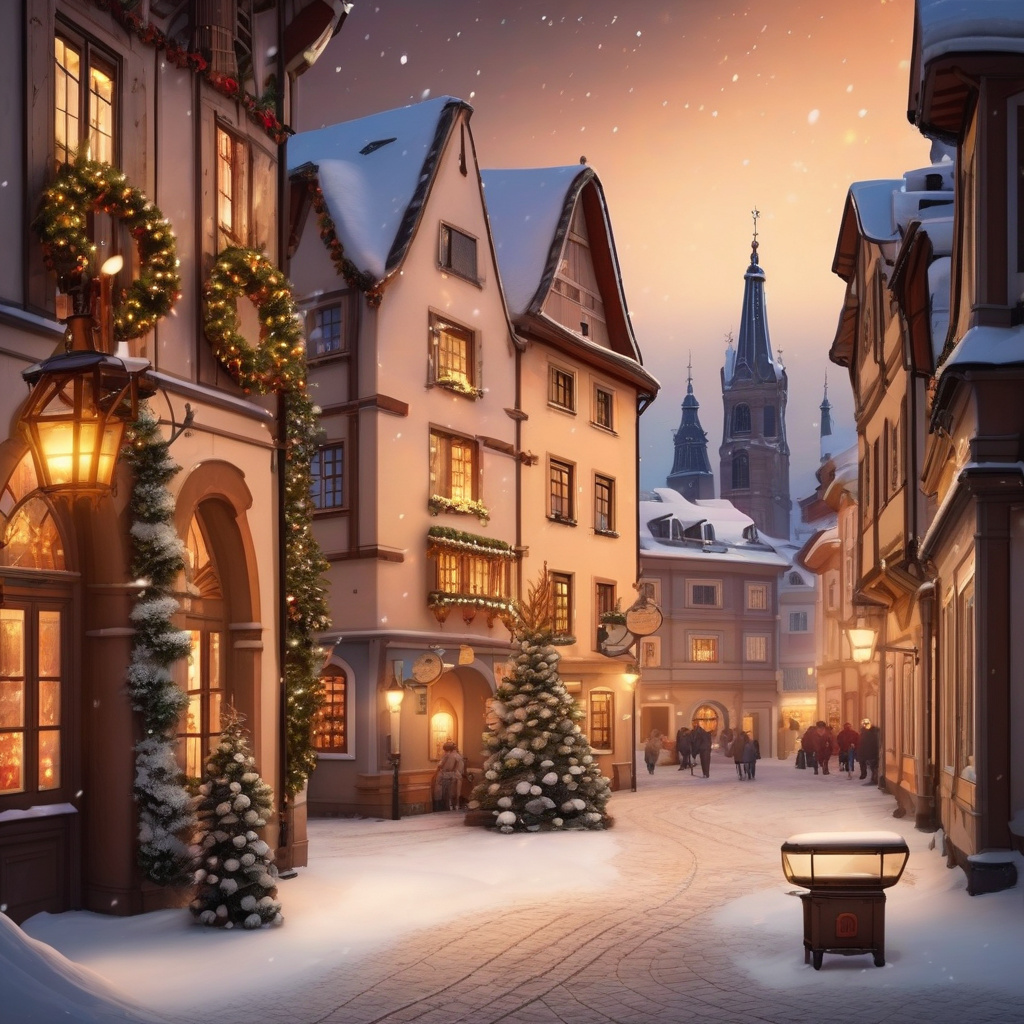 Cobbled square decorated for winter holidays in a small European town