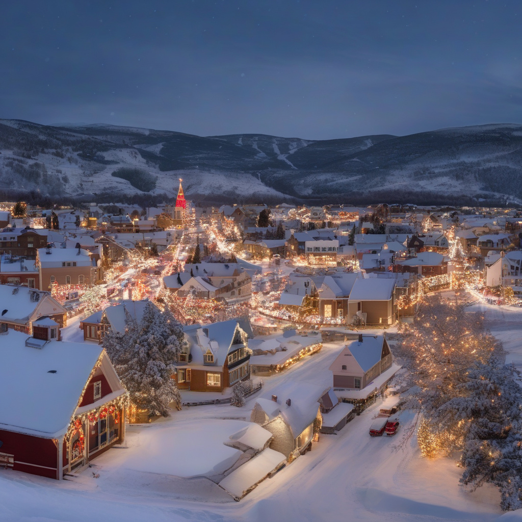 Mountain town celebrating New Year's Eve with lights and snow