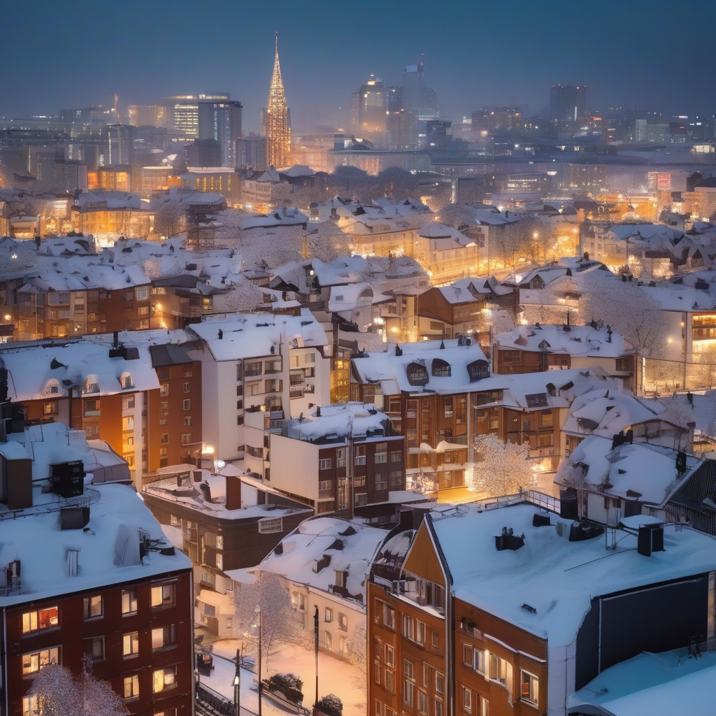 Зимове місто з дешевими готелями і казковими святковими вогнями Засніжене місто, бюджетний готель для зимового відпочинку