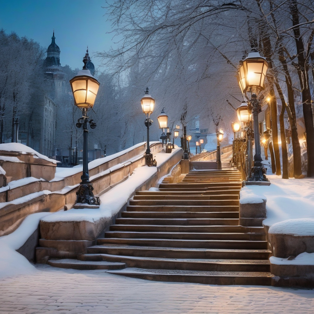 Вигляд засніженого міста з оглядовим майданчиком та старими сходами Панорамна зима, старовинні сходи та оглядовий майданчик у європейському місті