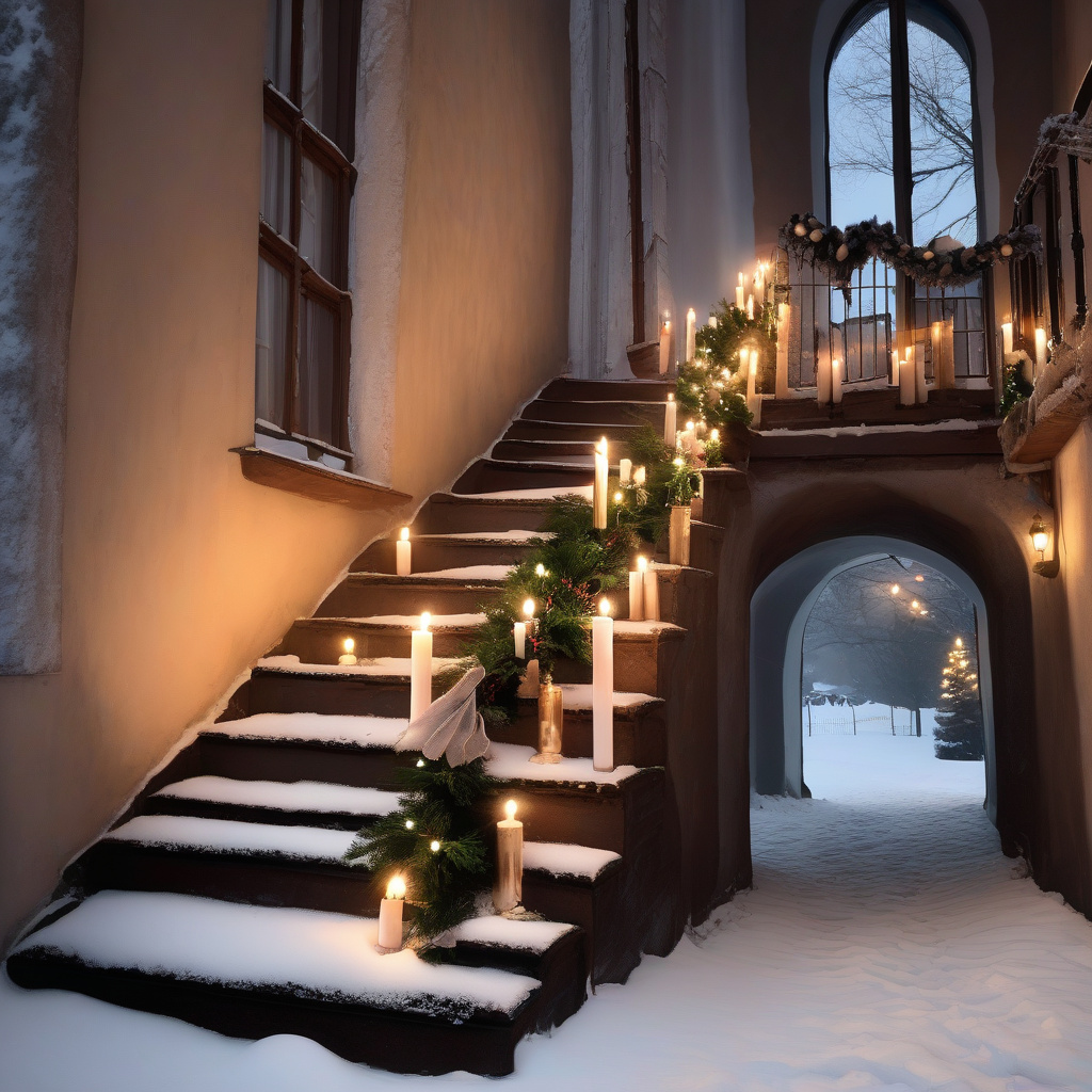 Зимові сходи у середньовічному європейському місті – вид на засніжені дахи Стародавні зимові сходи в європейському місті із видом на дахи