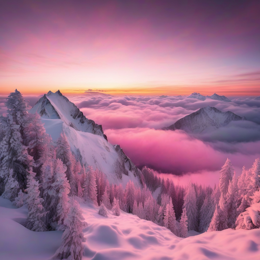 Світанок у горах: колір снігу і небесні відтінки ранку Зимовий світанок у горах: рожева даль, засніжені схили і інеї на деревах