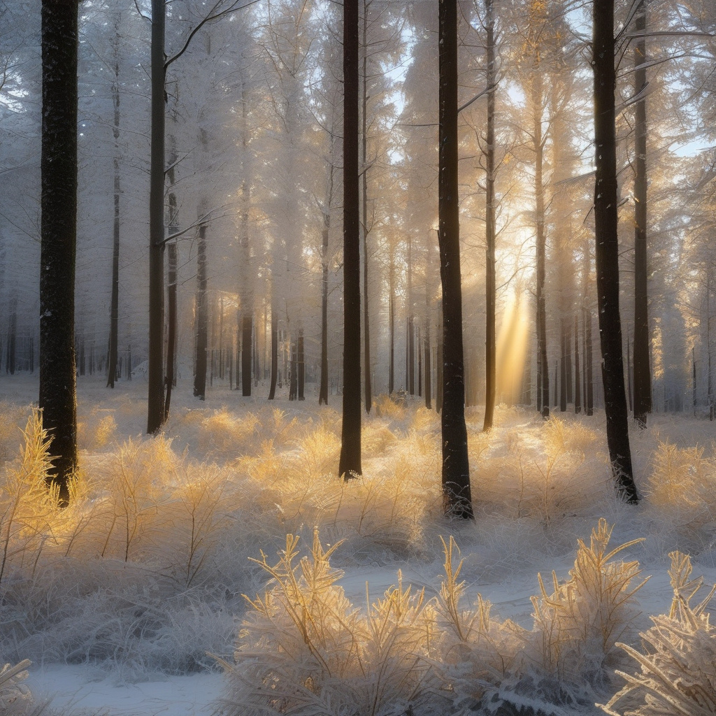 Магія зимового світанку: ліс, ранковий туман і перші промені Туманний зимовий ліс в світанковому світлі: інеї, легке сонце, пейзаж
