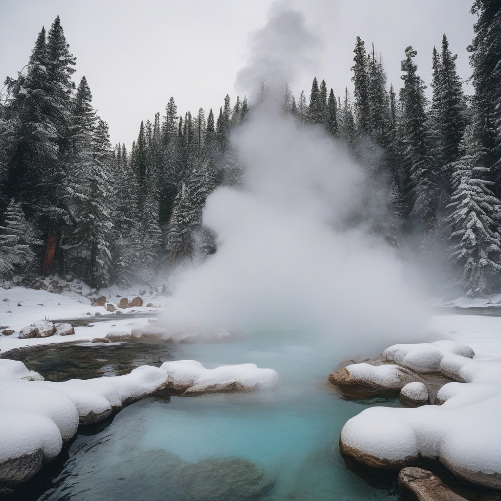 Термальний курорт у горах, зимова панорама, пари від води