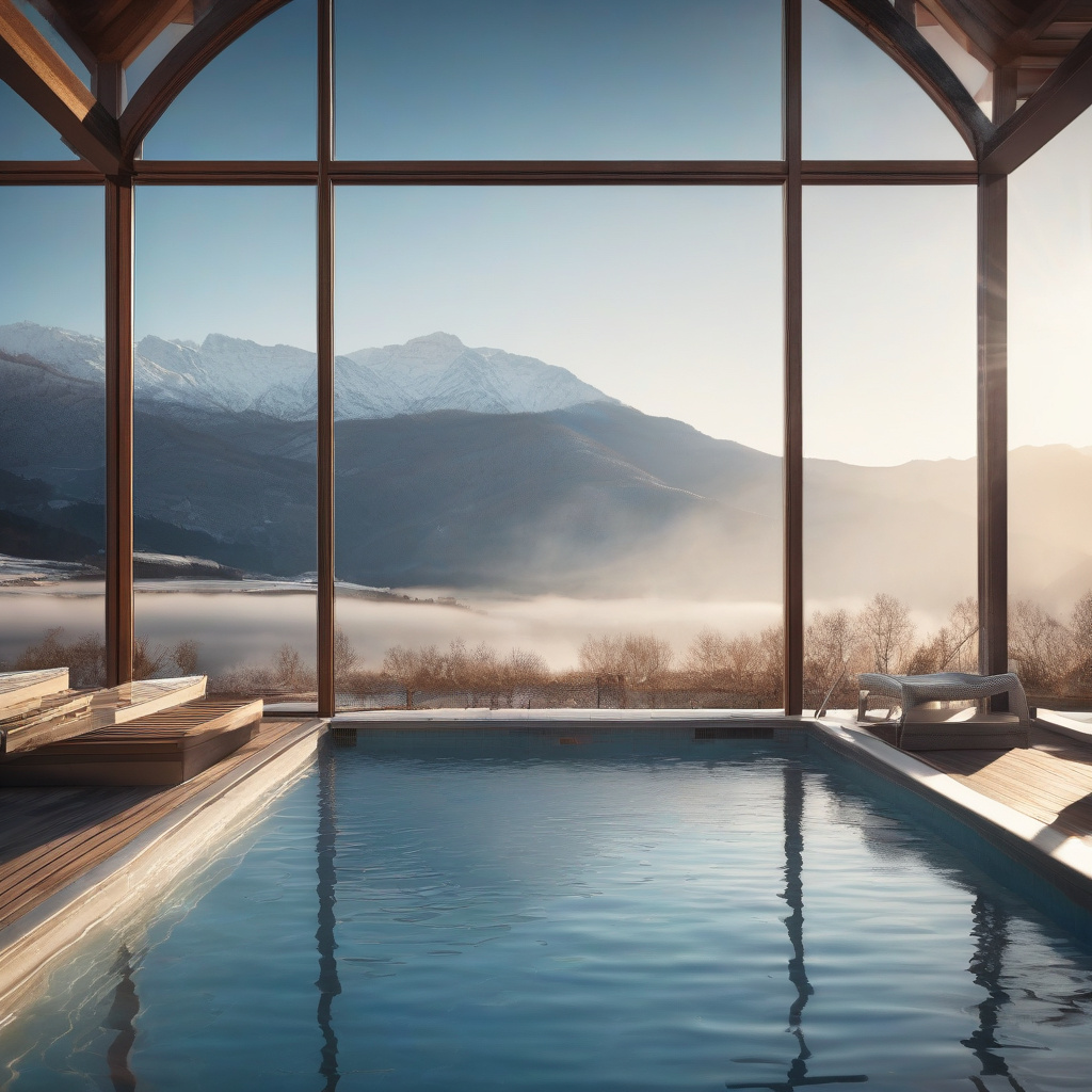 Жінка у гарячому джерелі з оглядом на гори, світанок