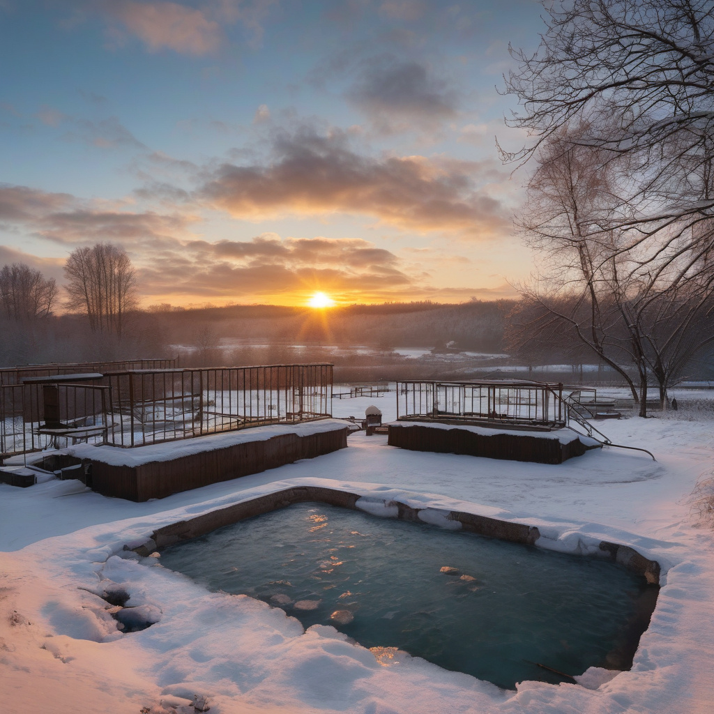 Вечірній термальний комплекс у Східній Європі, зимовий антураж