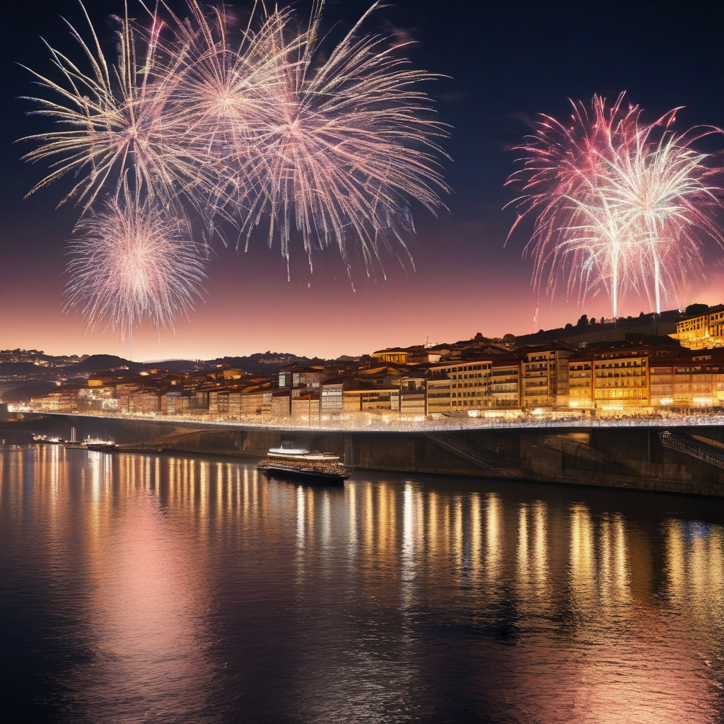 Панорама зимового Порто на берегах Дору, святкова ілюмінація, феєрверки