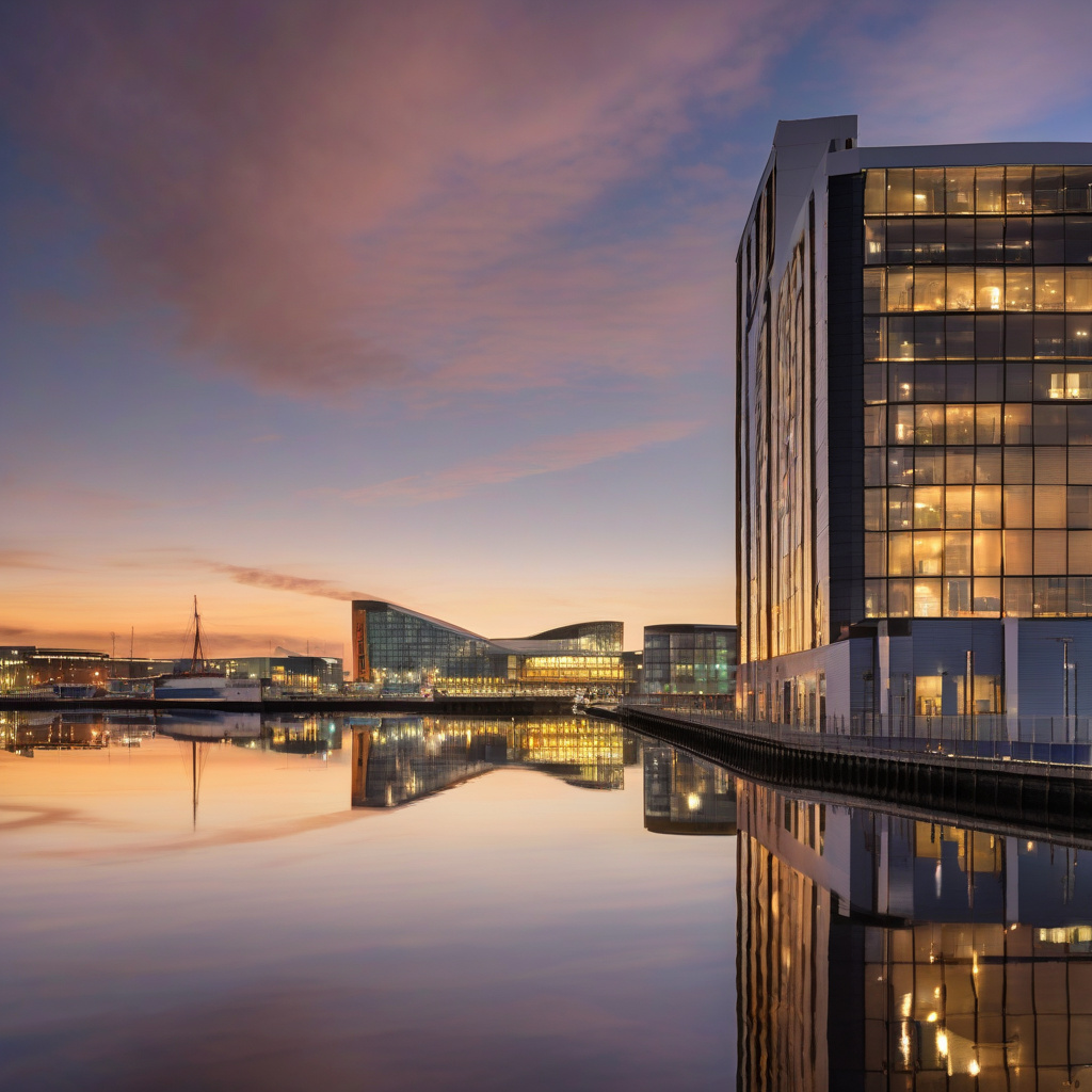 Світлові шоу над затокою Белфаста та вечірній святковий рух у місті Вечірні різдвяні вогні Белфаста біля затоки; святковий рух містом