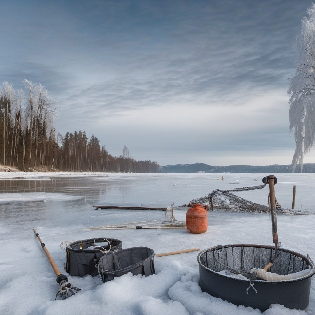 Зимова риболовля на фінському озері – засніжена крижана гладінь та природа Зимова риболовля на фінському озері серед снігу та крижаної гладі