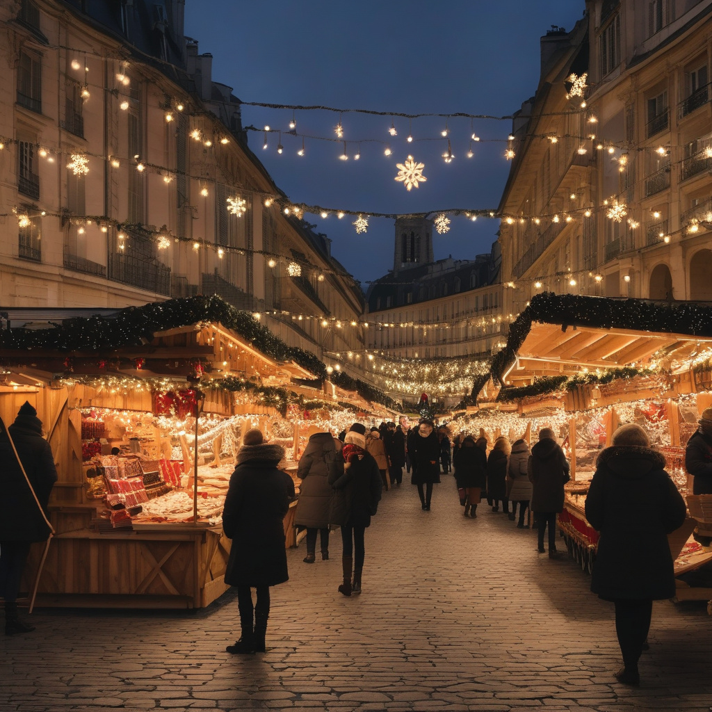 Світлове шоу Luminations у Монпельє - арки ілюмінацій у вечірньому місті Luminations у Монпельє - арки з ілюмінацій, юрба туристів